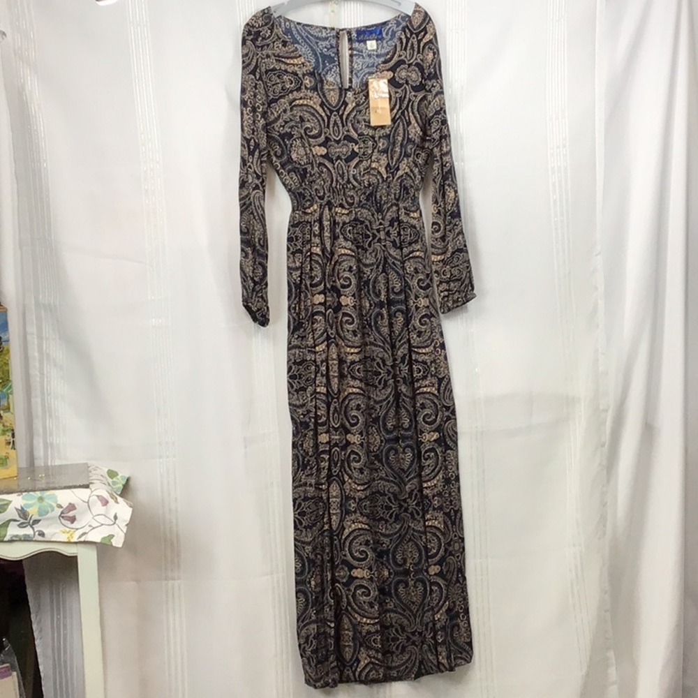 🆕 Francesca’s Black Tan Paisley Lightweight Split Hem Sz.L Maxi Dress